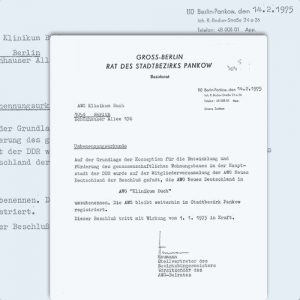 1. Januar 1975 – Aufgabe der Hauptträgerschaft der Druckerei „Neues Deutschland“ und Übernahme durch das städtische Klinikum Buch Umbenennung in AWG „Klinikum Buch“