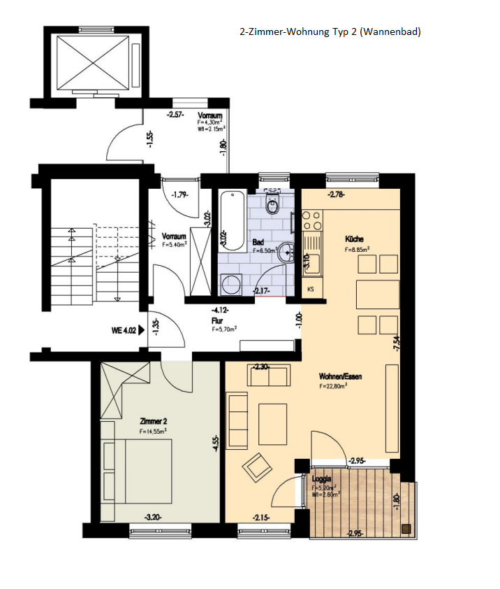 2-Zimmer-Wohnung Typ 2 Wannenbad (H 21a 0501; H 22a 0501, H 23a 0502)
